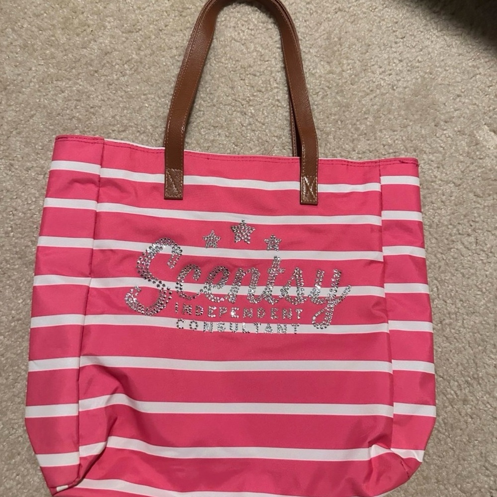 Scentsy Consultant Pink and White Striped Tote with Brown Handles